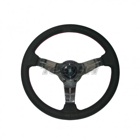 Nardi Deep Corn 330mm Black Leather Steering Wheel Red Stitching Black Spokes