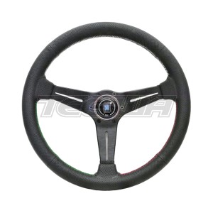 Nardi Deep Corn 350mm Black Leather Steering Wheel 3-Sector Stitching Green-White-Red
