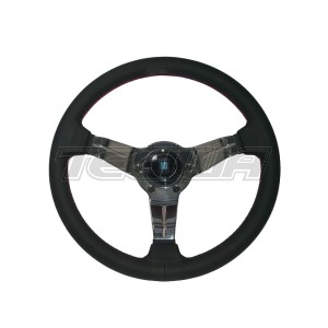 Nardi Deep Corn 330mm Black Leather Steering Wheel Red Stitching Black Spokes