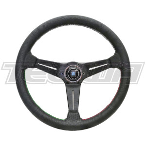 Nardi Deep Corn 350mm Black Leather Steering Wheel 3-Sector Stitching Green-White-Red