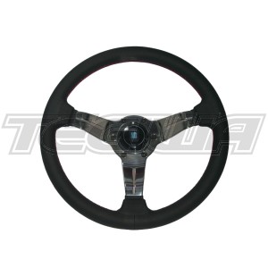 Nardi Deep Corn 330mm Black Leather Steering Wheel Red Stitching Black Spokes